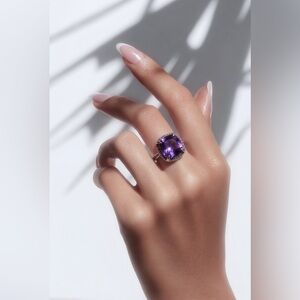 Elegant Amethyst Openwork Cushion-Cut 925 Sterling Silver Ring 10.5”